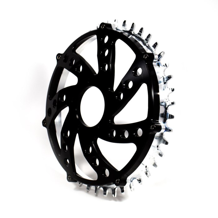 The chainring comes in two parts so the teeth are replaceable when they wear out.